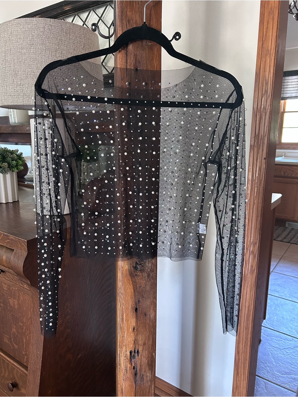 Source Unknown Black Sheer Mesh Top with Silver Faux Rhinestone Embellishments